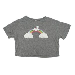 H&M Divided Gray Basic Short Sleeve Crop Unicorn Rainbow Shirt Size Med Women’s